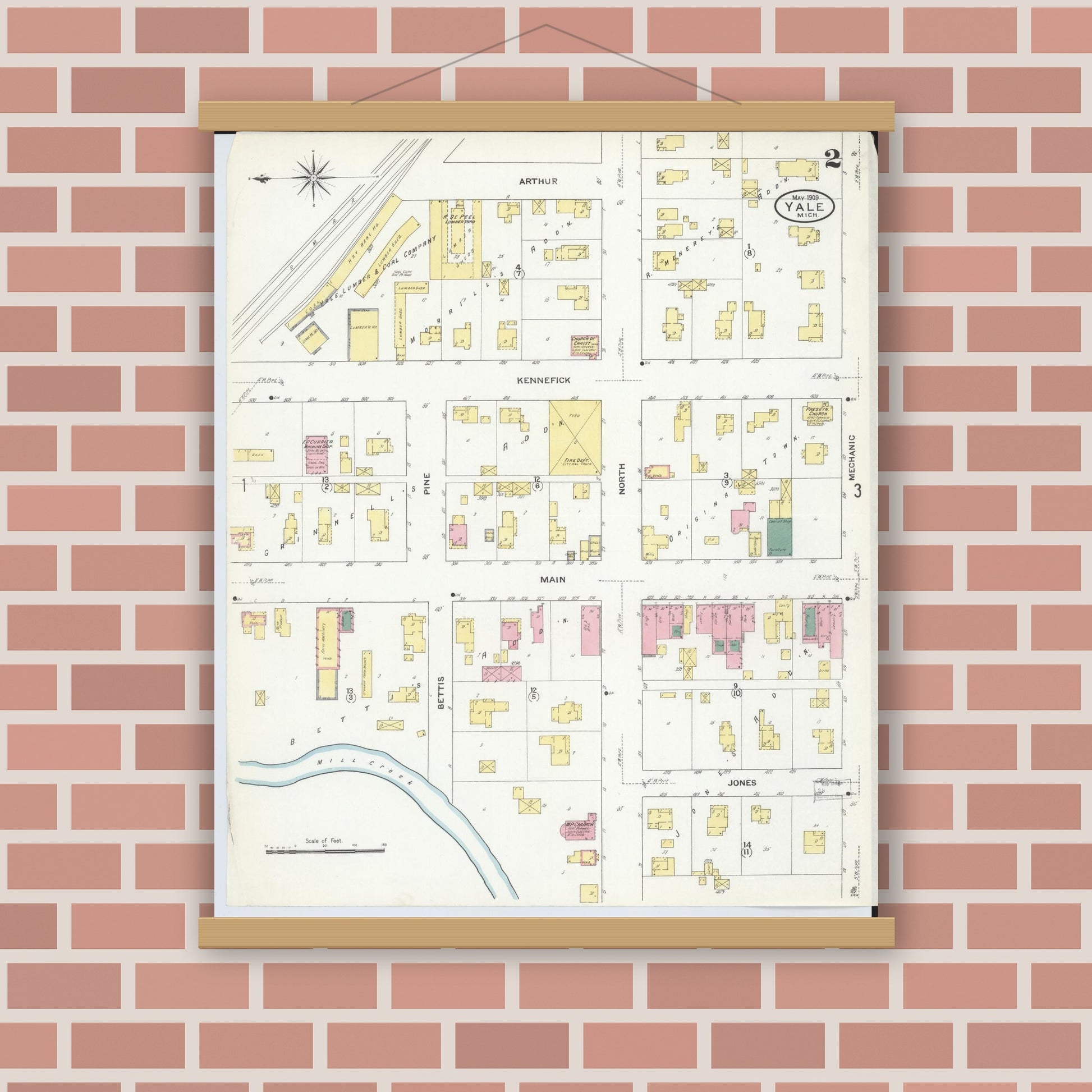Old map wall art mockup — magnetic wood frame on brick wall — Sanborn Fire Insurance Map from Yale, Saint Clair County, Michigan (1909), Sheet #0002