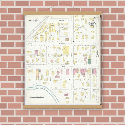 Old map wall art mockup — magnetic wood frame on brick wall — Sanborn Fire Insurance Map from Yale, Saint Clair County, Michigan (1909), Sheet #0002