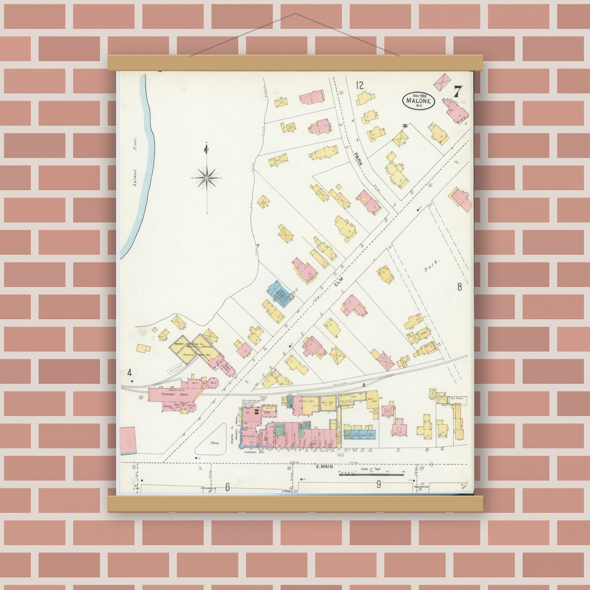 Old map wall art mockup — magnetic wood frame on brick wall — Sanborn Fire Insurance Map from Malone, Franklin County, New York (1903), Sheet #0007