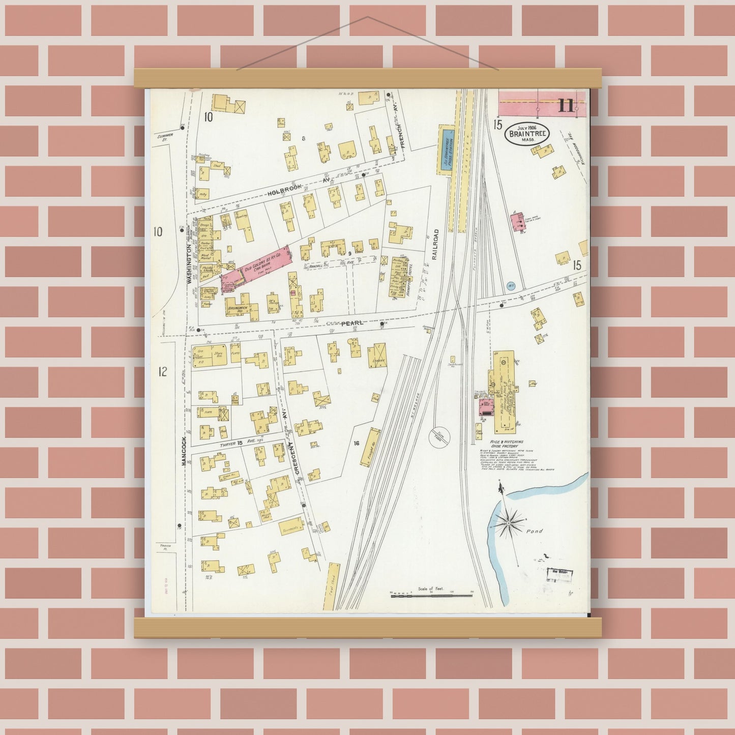 Old map wall art mockup — magnetic wood frame on brick wall — Sanborn Fire Insurance Map from Braintree, Norfolk County, Massachusetts (1906), Sheet #0011