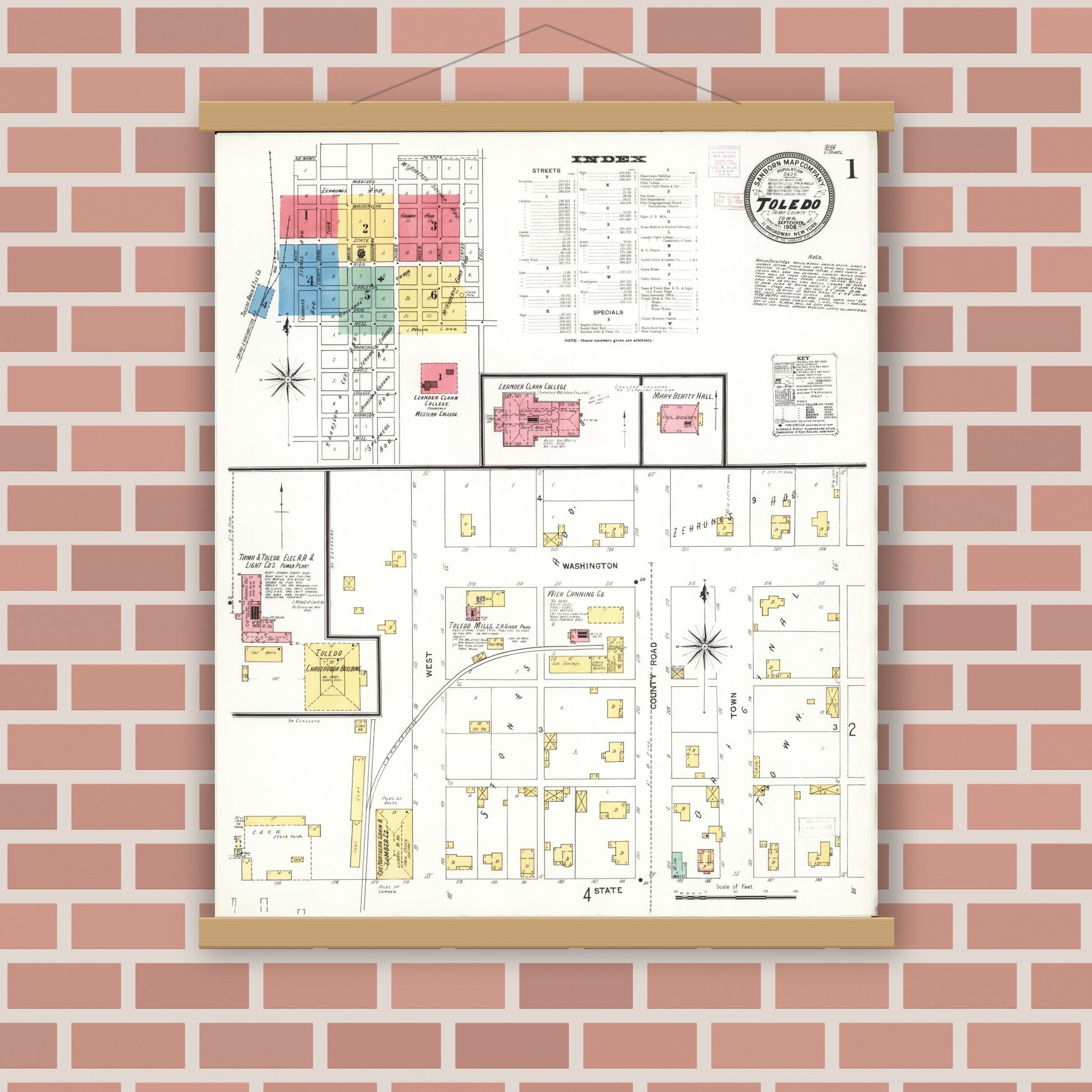Old map wall art mockup — magnetic wood frame on brick wall — Sanborn Fire Insurance Map from Toledo, Tama County, Iowa (1906) â€” Complete Set