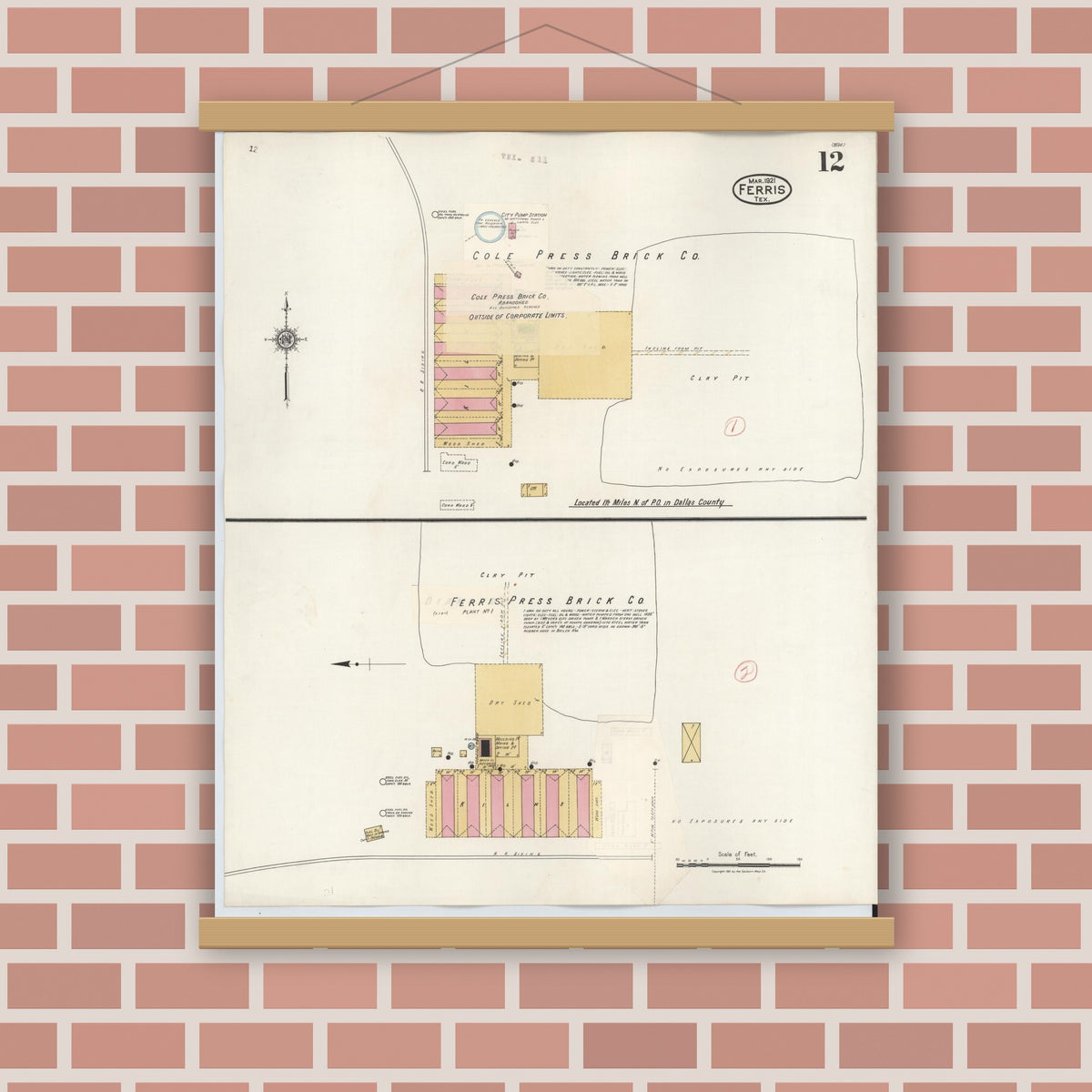 Old map wall art mockup — magnetic wood frame on brick wall — Sanborn Fire Insurance Map from Ferris, Ellis County, Texas (1941), Sheet #0012