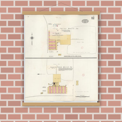 Old map wall art mockup — magnetic wood frame on brick wall — Sanborn Fire Insurance Map from Ferris, Ellis County, Texas (1941), Sheet #0012