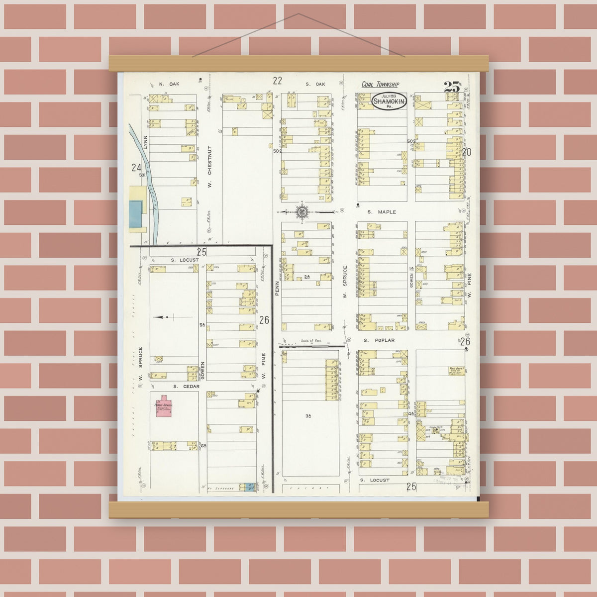 Old map wall art mockup — magnetic wood frame on brick wall — Sanborn Fire Insurance Map from Shamokin, Northumberland County, Pennsylvania (1913), Sheet #0025