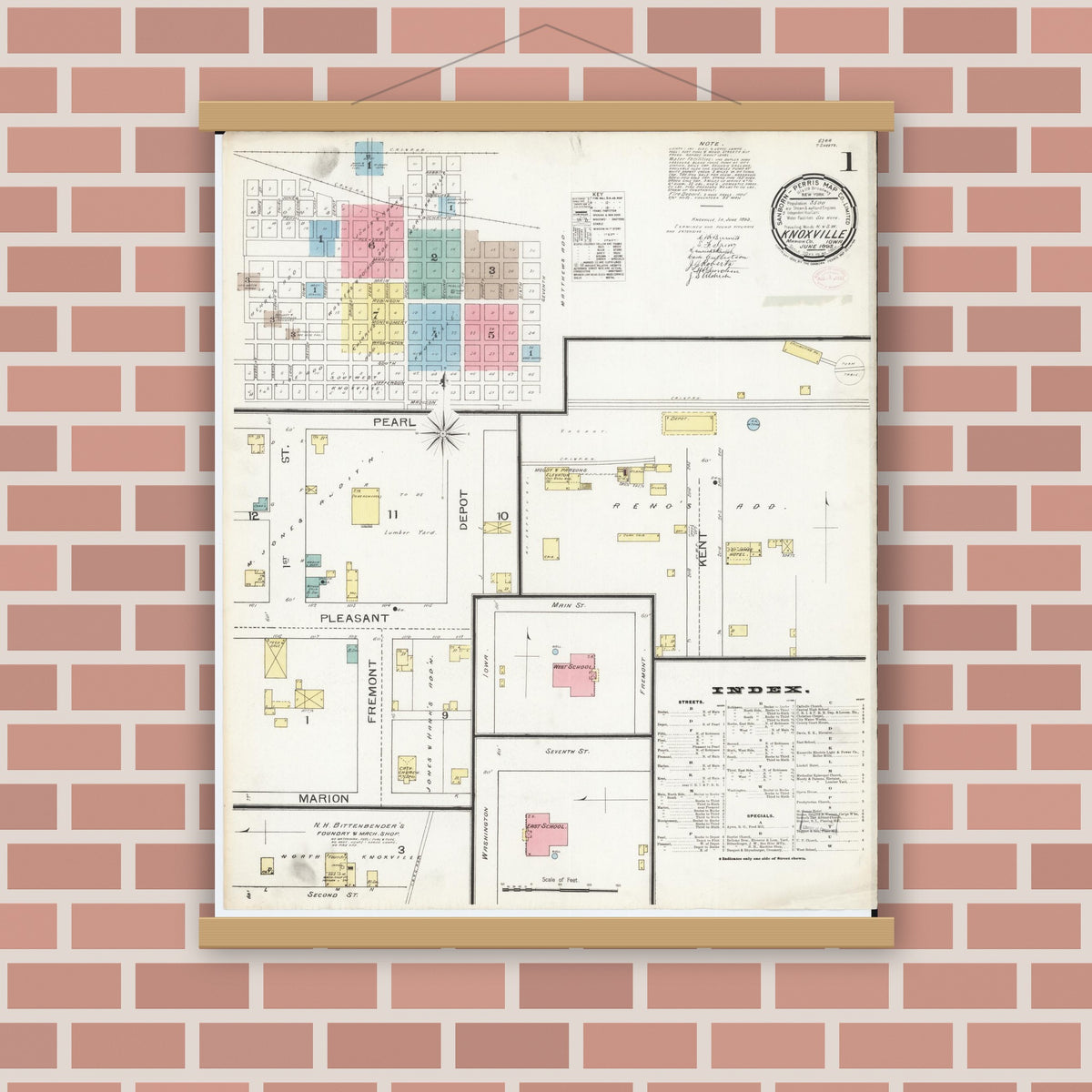 Old map wall art mockup — magnetic wood frame on brick wall — Sanborn Fire Insurance Map from Knoxville, Marion County, Iowa (1893), Sheet #0001