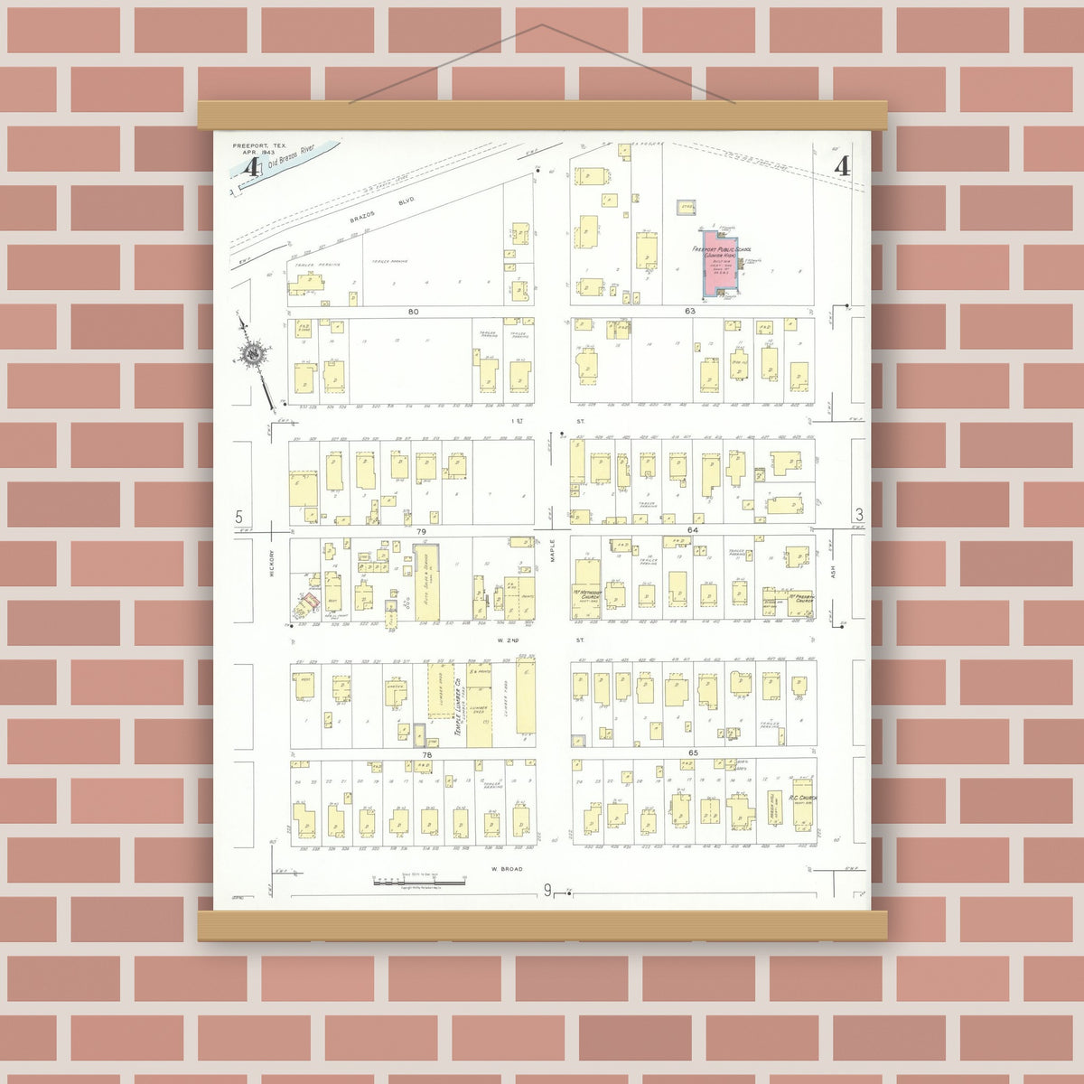 Old map wall art mockup — magnetic wood frame on brick wall — Sanborn Fire Insurance Map from Freeport, Brazoria County, Texas (1943), Sheet #0004