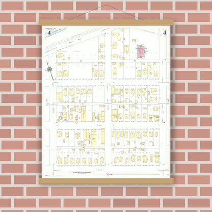 Old map wall art mockup — magnetic wood frame on brick wall — Sanborn Fire Insurance Map from Freeport, Brazoria County, Texas (1943), Sheet #0004