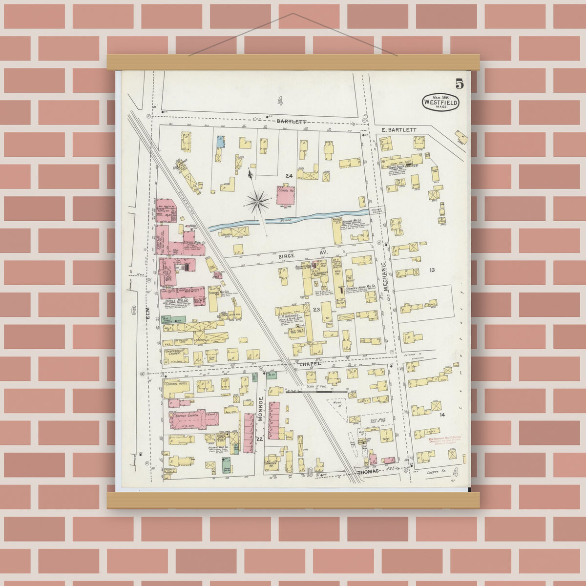 Old map wall art mockup — magnetic wood frame on brick wall — Sanborn Fire Insurance Map from Westfield, Hampden County, Massachusetts (1895), Sheet #0005
