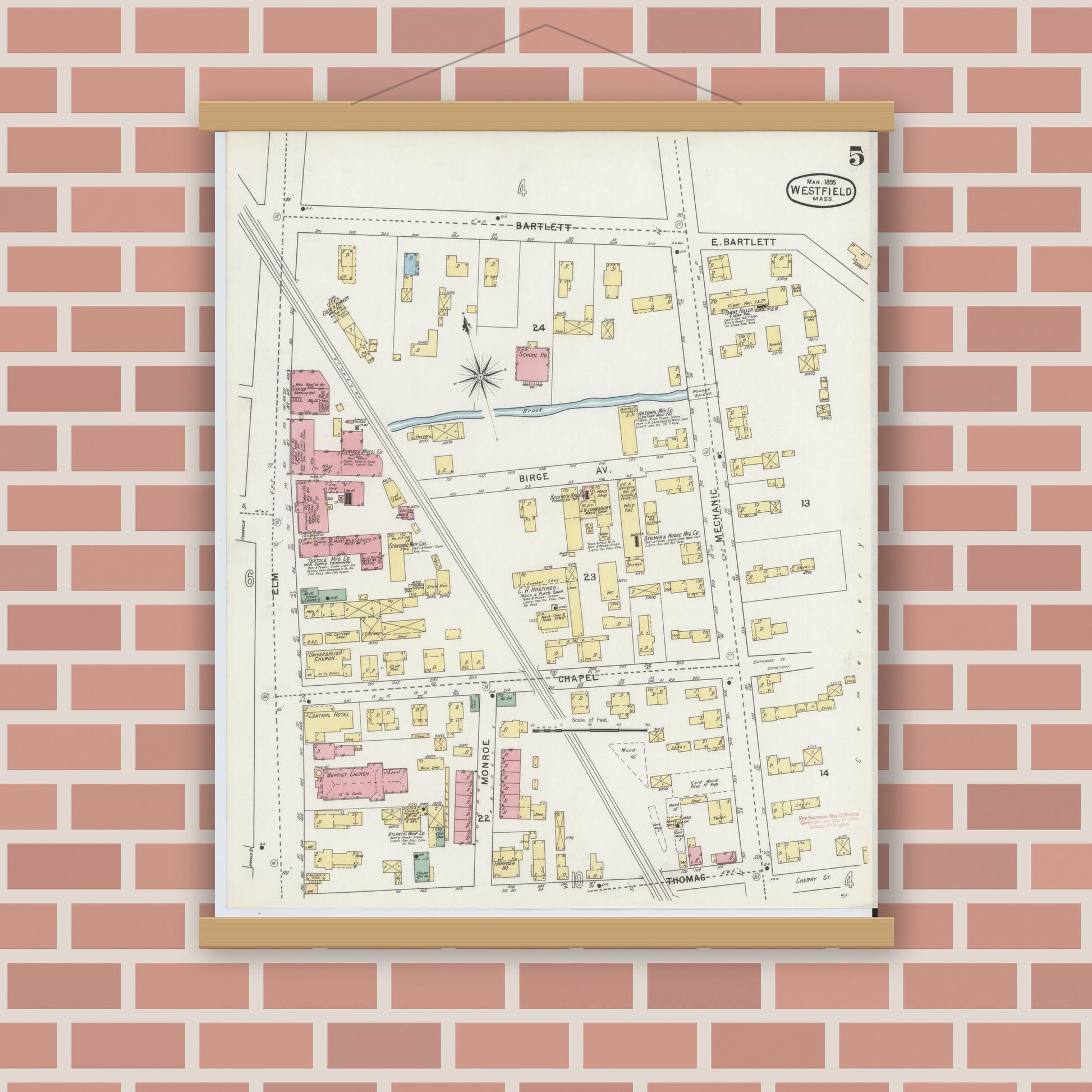 Old map wall art mockup — magnetic wood frame on brick wall — Sanborn Fire Insurance Map from Westfield, Hampden County, Massachusetts (1895), Sheet #0005