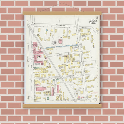 Old map wall art mockup — magnetic wood frame on brick wall — Sanborn Fire Insurance Map from Westfield, Hampden County, Massachusetts (1895), Sheet #0005