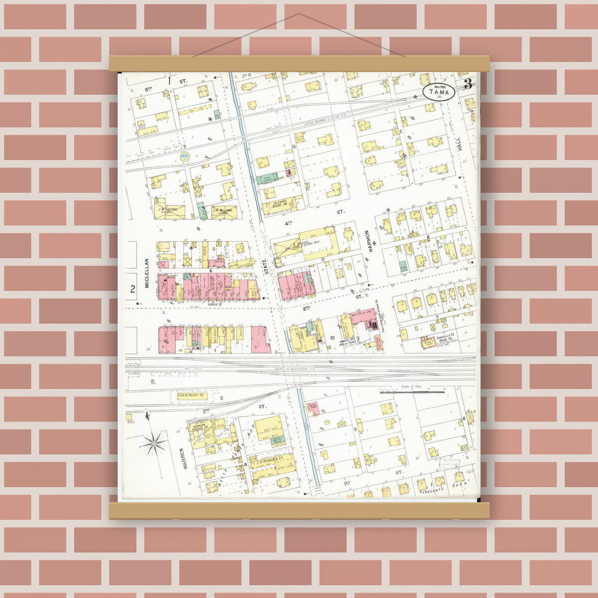 Old map wall art mockup — magnetic wood frame on brick wall — Sanborn Fire Insurance Map from Tama, Tama County, Iowa (1900), Sheet #0003