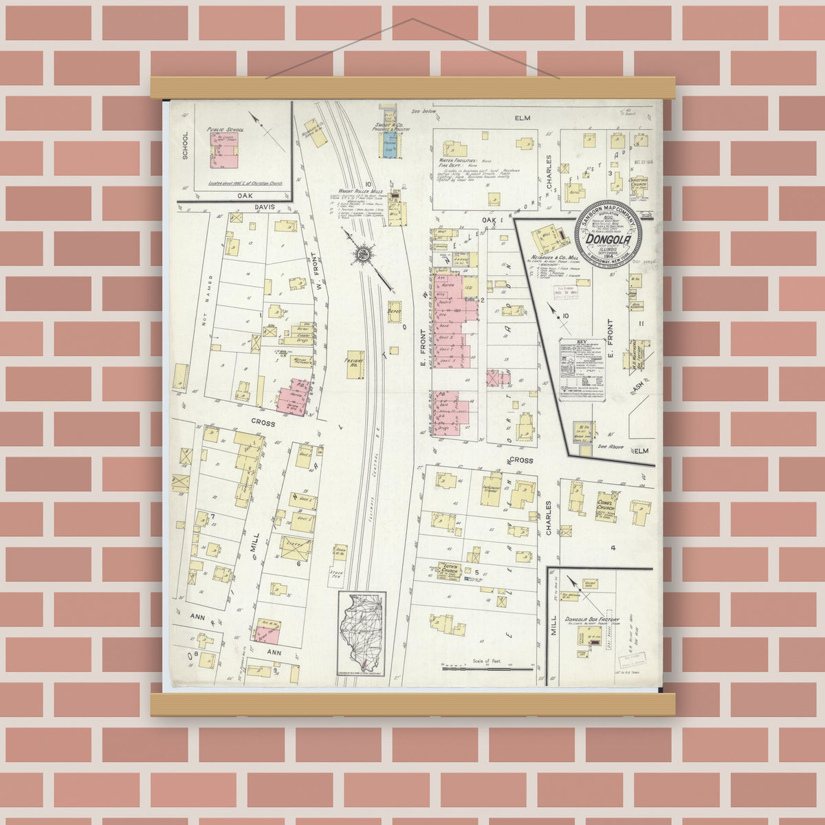 Old map wall art mockup — magnetic wood frame on brick wall — Sanborn Fire Insurance Map from Dongola, Union County, Illinois (1914), Sheet #0001