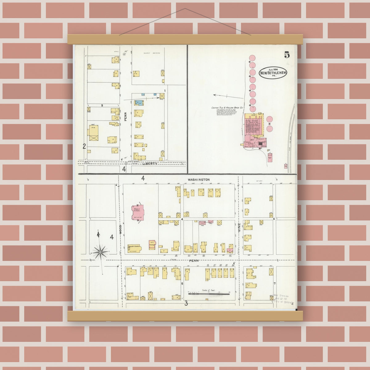 Old map wall art mockup — magnetic wood frame on brick wall — Sanborn Fire Insurance Map from New Bethlehem, Clarion County, Pennsylvania (1904), Sheet #0005