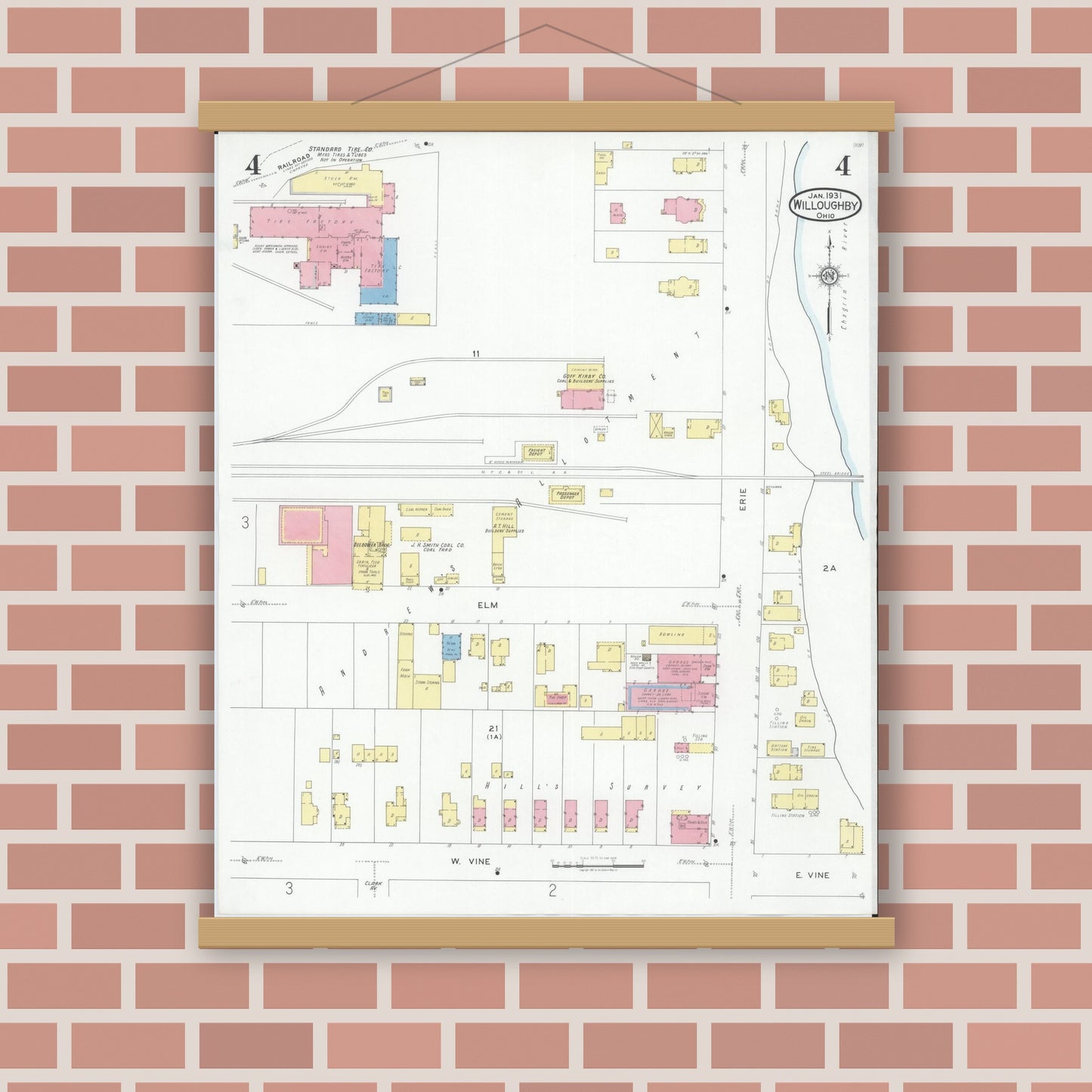 Old map wall art mockup — magnetic wood frame on brick wall — Sanborn Fire Insurance Map from Willoughby, Lake County, Ohio (1931), Sheet #0004