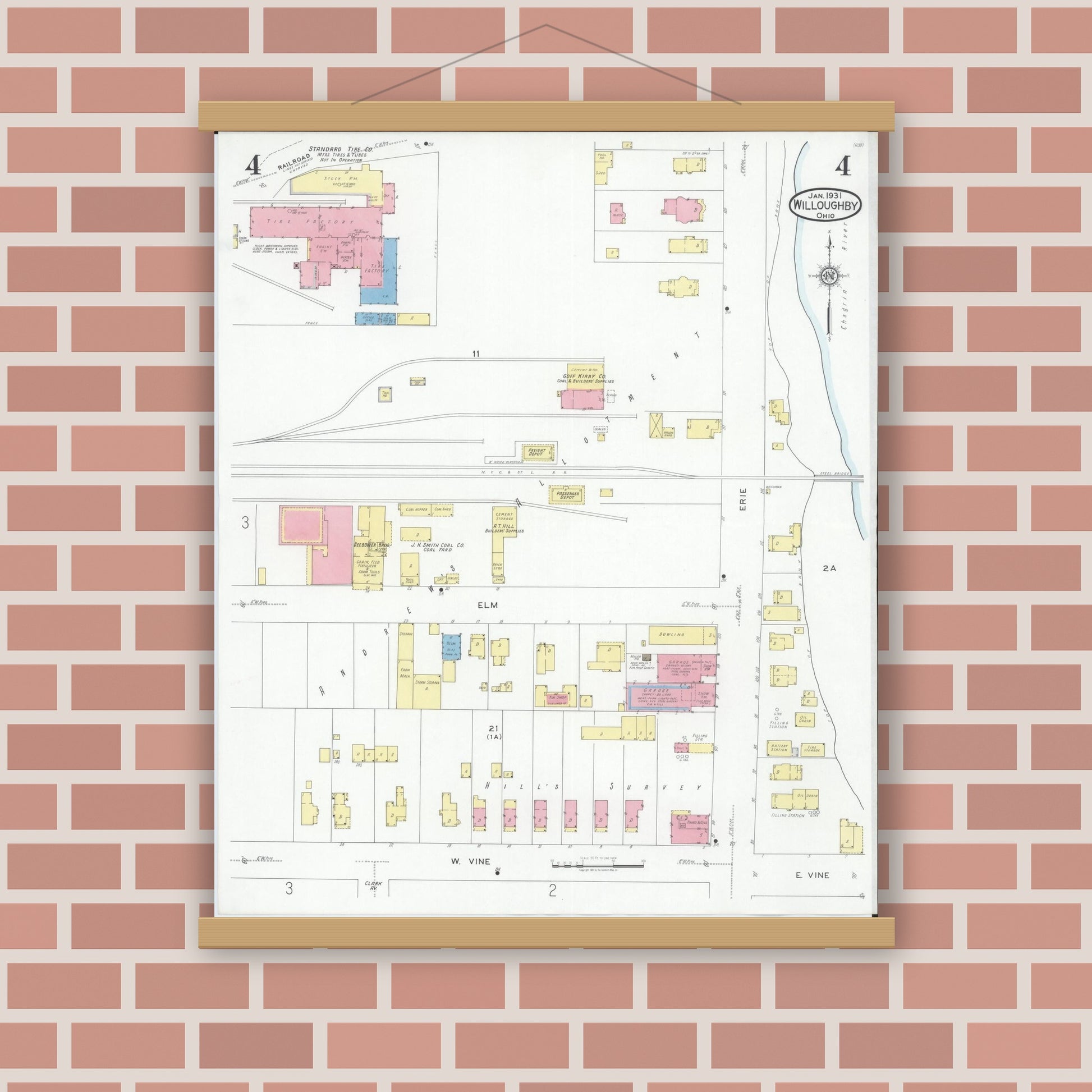 Old map wall art mockup — magnetic wood frame on brick wall — Sanborn Fire Insurance Map from Willoughby, Lake County, Ohio (1931), Sheet #0004