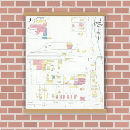 Old map wall art mockup — magnetic wood frame on brick wall — Sanborn Fire Insurance Map from Willoughby, Lake County, Ohio (1931), Sheet #0004