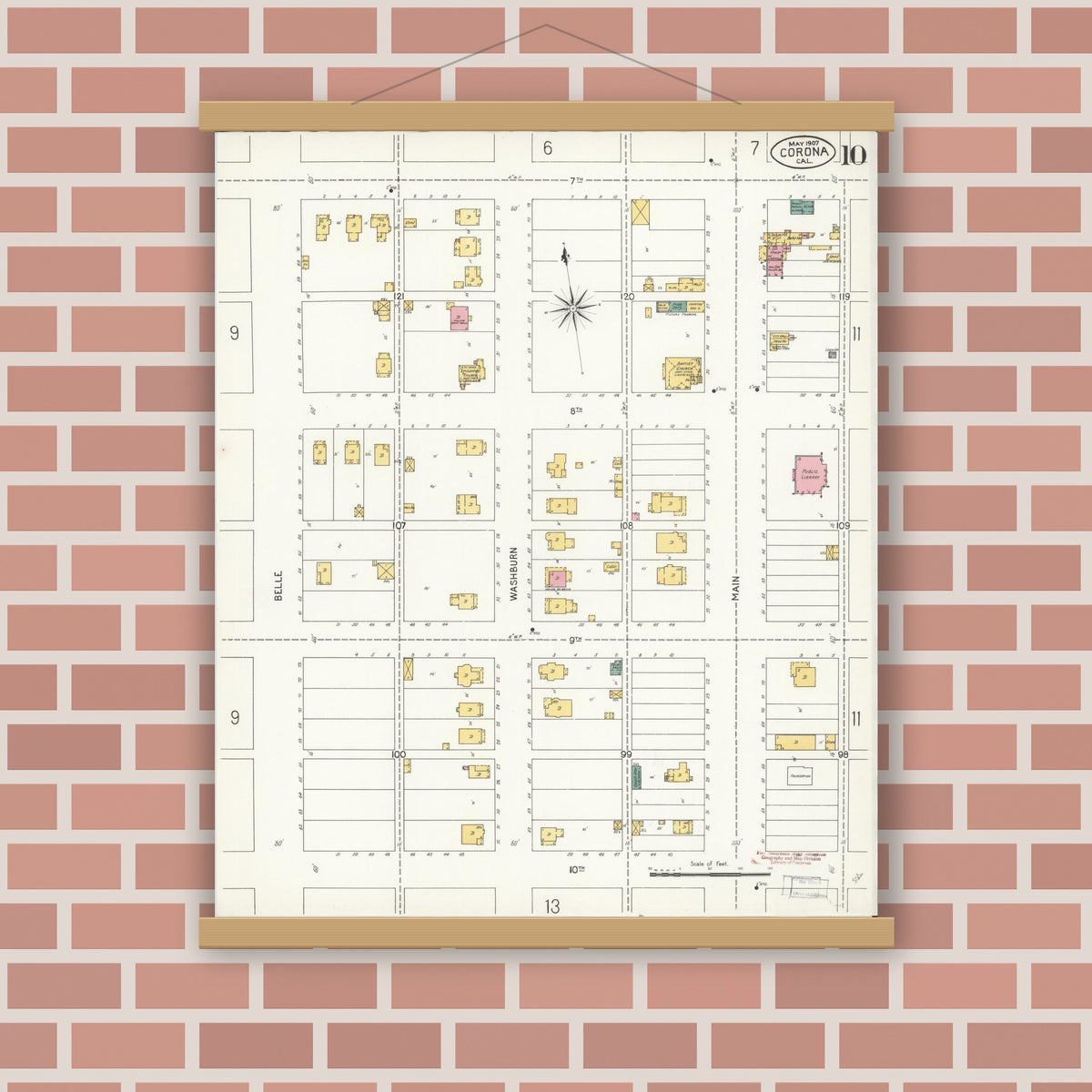 Old map wall art mockup — magnetic wood frame on brick wall — Sanborn Fire Insurance Map from Corona, Riverside County, California (1907), Sheet #0010
