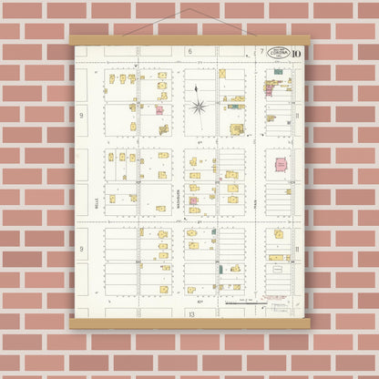 Old map wall art mockup — magnetic wood frame on brick wall — Sanborn Fire Insurance Map from Corona, Riverside County, California (1907), Sheet #0010