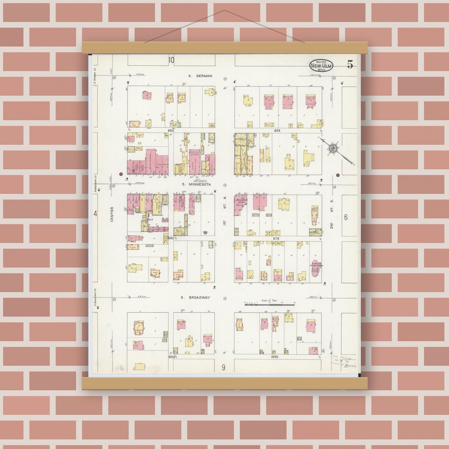 Old map wall art mockup — magnetic wood frame on brick wall — Sanborn Fire Insurance Map from New Ulm, Brown County, Minnesota (1913), Sheet #0005