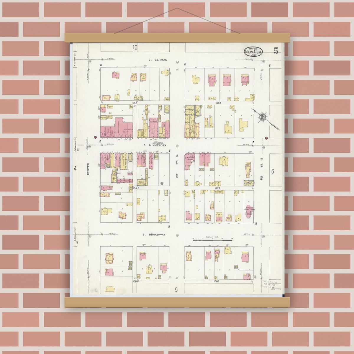 Old map wall art mockup — magnetic wood frame on brick wall — Sanborn Fire Insurance Map from New Ulm, Brown County, Minnesota (1913), Sheet #0005