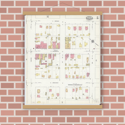 Old map wall art mockup — magnetic wood frame on brick wall — Sanborn Fire Insurance Map from New Ulm, Brown County, Minnesota (1913), Sheet #0005
