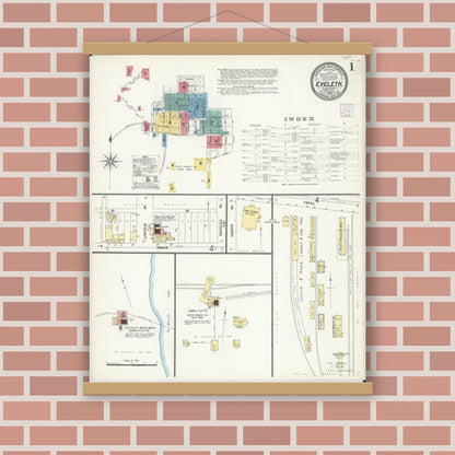 Old map wall art mockup — magnetic wood frame on brick wall — Sanborn Fire Insurance Map from Eveleth, Saint Louis County, Minnesota (1906) - Complete Map Set