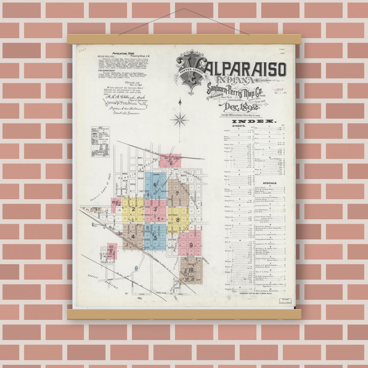 Old map wall art mockup — magnetic wood frame on brick wall — Sanborn Fire Insurance Map from Valparaiso, Porter County, Indiana (1892), Sheet #0001