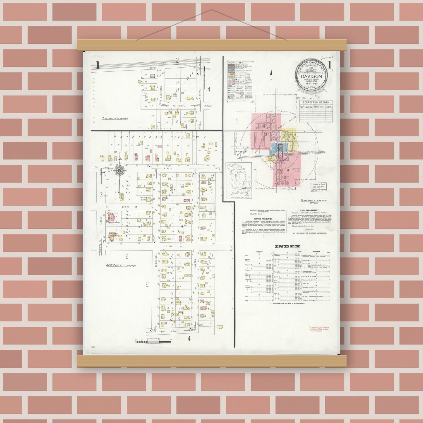 Old map wall art mockup — magnetic wood frame on brick wall — Sanborn Fire Insurance Map from Davison, Genesee County, Michigan (1939) - Complete Map Set