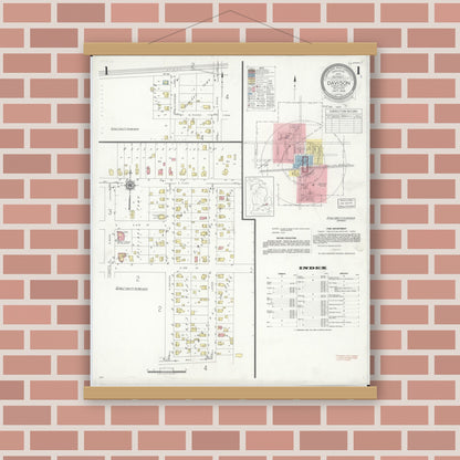 Old map wall art mockup — magnetic wood frame on brick wall — Sanborn Fire Insurance Map from Davison, Genesee County, Michigan (1939) - Complete Map Set