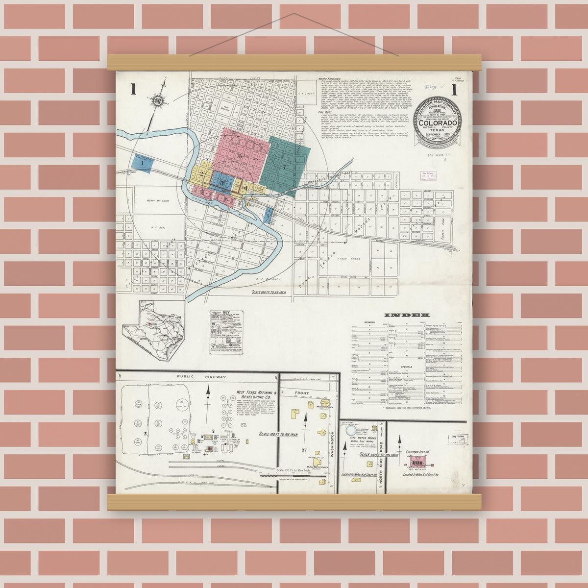 Old map wall art mockup — magnetic wood frame on brick wall — Sanborn Fire Insurance Map from Colorado, Mitchell County, Texas (1925) - Complete Map Set