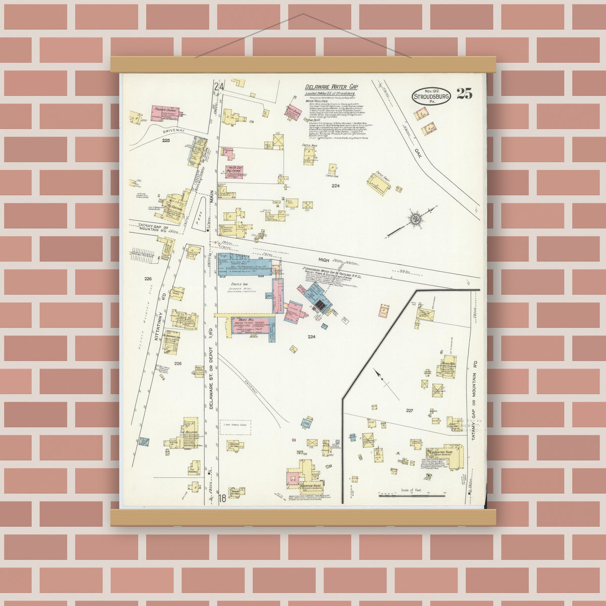 Old map wall art mockup — magnetic wood frame on brick wall — Sanborn Fire Insurance Map from Stroudsburg, Monroe County, Pennsylvania (1912), Sheet #0025