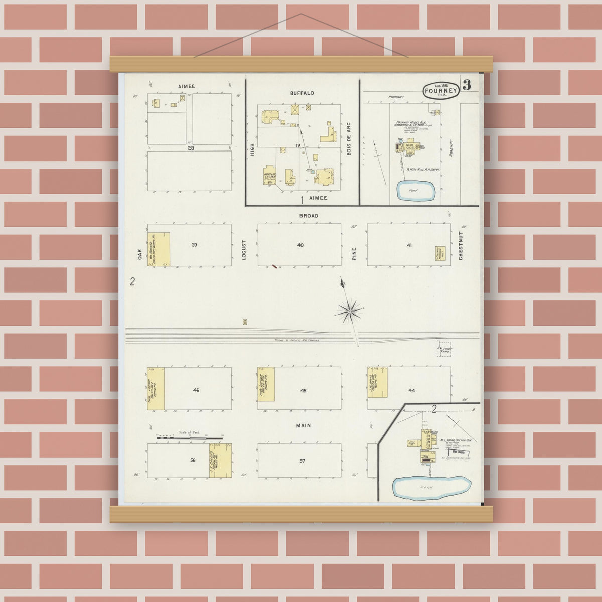 Old map wall art mockup — magnetic wood frame on brick wall — Sanborn Fire Insurance Map from Forney, Kaufman County, Texas (1896), Sheet #0003