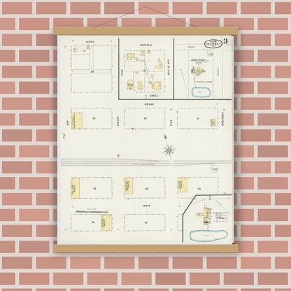 Old map wall art mockup — magnetic wood frame on brick wall — Sanborn Fire Insurance Map from Forney, Kaufman County, Texas (1896), Sheet #0003