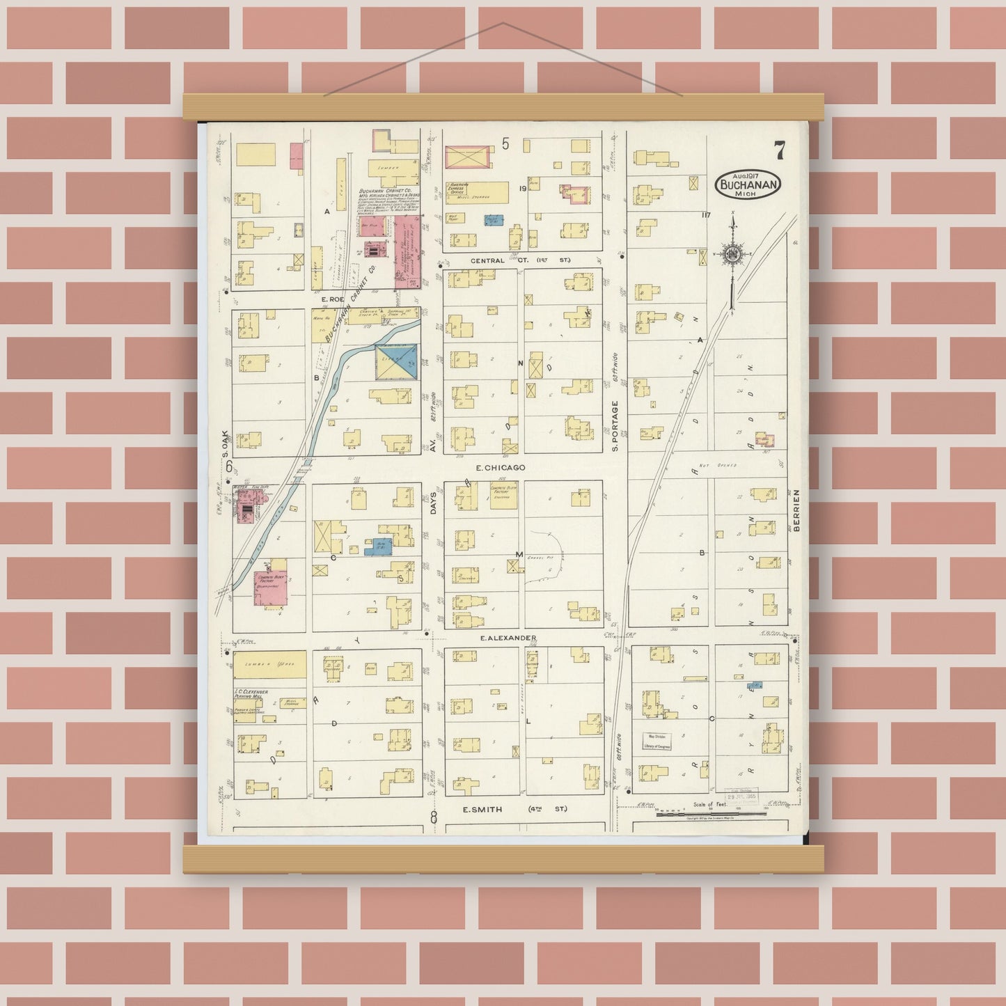 Old map wall art mockup — magnetic wood frame on brick wall — Sanborn Fire Insurance Map from Buchanan, Berrien County, Michigan (1917), Sheet #0007