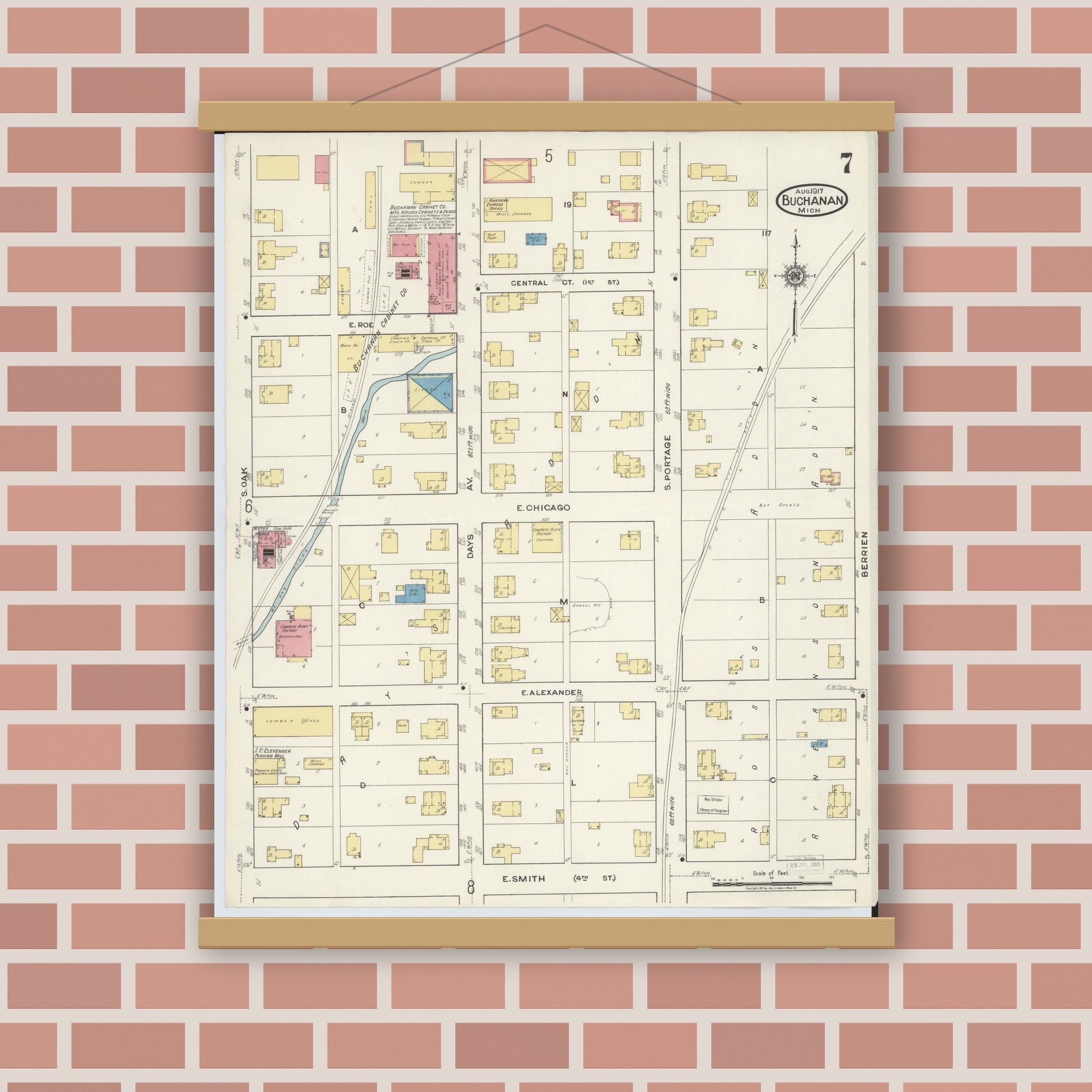 Old map wall art mockup — magnetic wood frame on brick wall — Sanborn Fire Insurance Map from Buchanan, Berrien County, Michigan (1917), Sheet #0007