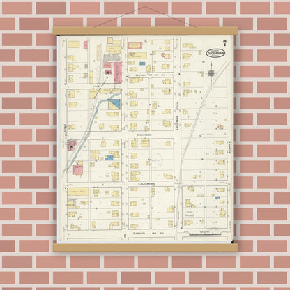Old map wall art mockup — magnetic wood frame on brick wall — Sanborn Fire Insurance Map from Buchanan, Berrien County, Michigan (1917), Sheet #0007
