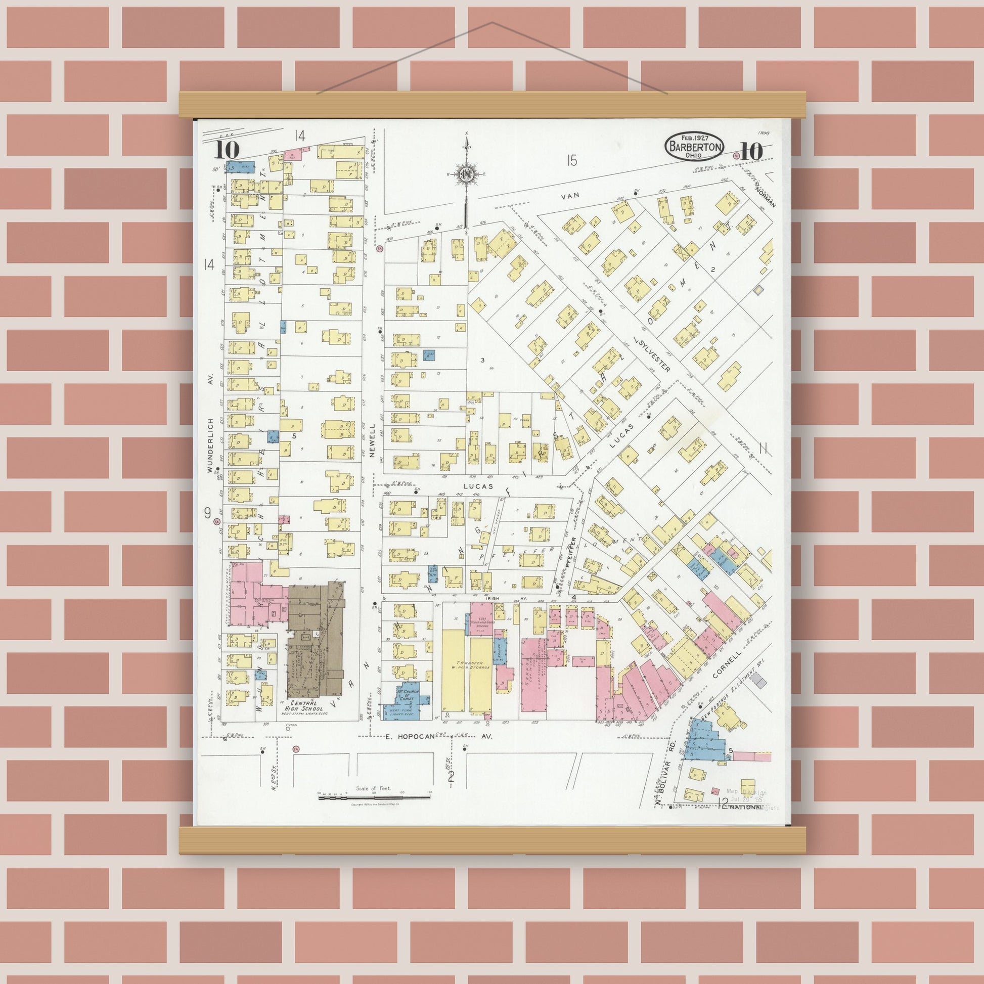 Old map wall art mockup — magnetic wood frame on brick wall — Sanborn Fire Insurance Map from Barberton, Summit County, Ohio (1927), Sheet #0010