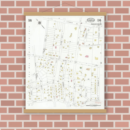 Old map wall art mockup — magnetic wood frame on brick wall — Sanborn Fire Insurance Map from Ridgewood, Bergen County, New Jersey (1928), Sheet #0016