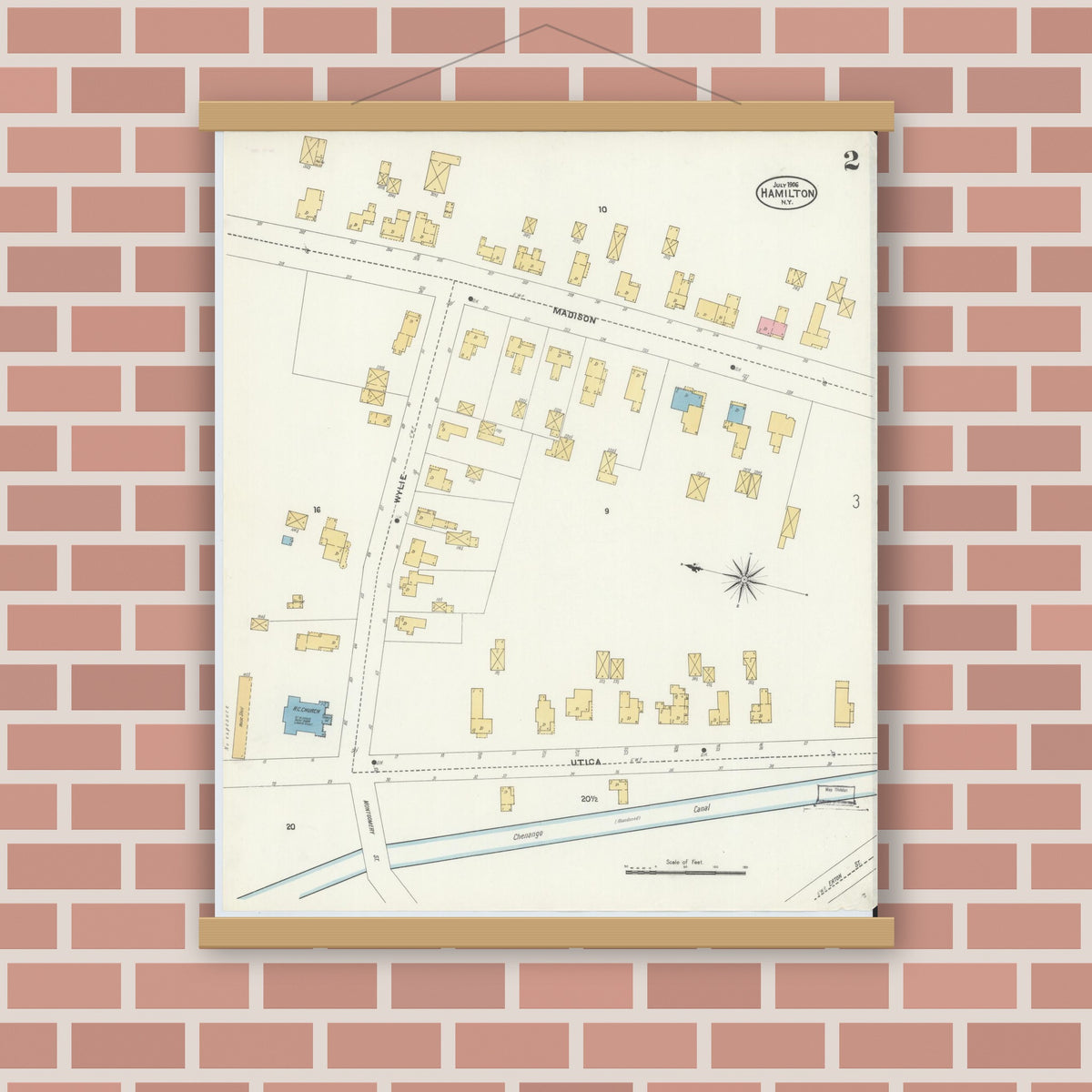 Old map wall art mockup — magnetic wood frame on brick wall — Sanborn Fire Insurance Map from Hamilton, Madison County, New York (1906), Sheet #0002