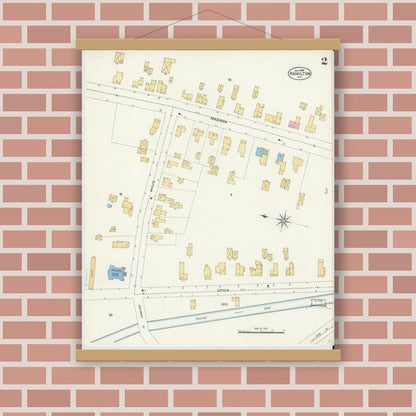 Old map wall art mockup — magnetic wood frame on brick wall — Sanborn Fire Insurance Map from Hamilton, Madison County, New York (1906), Sheet #0002