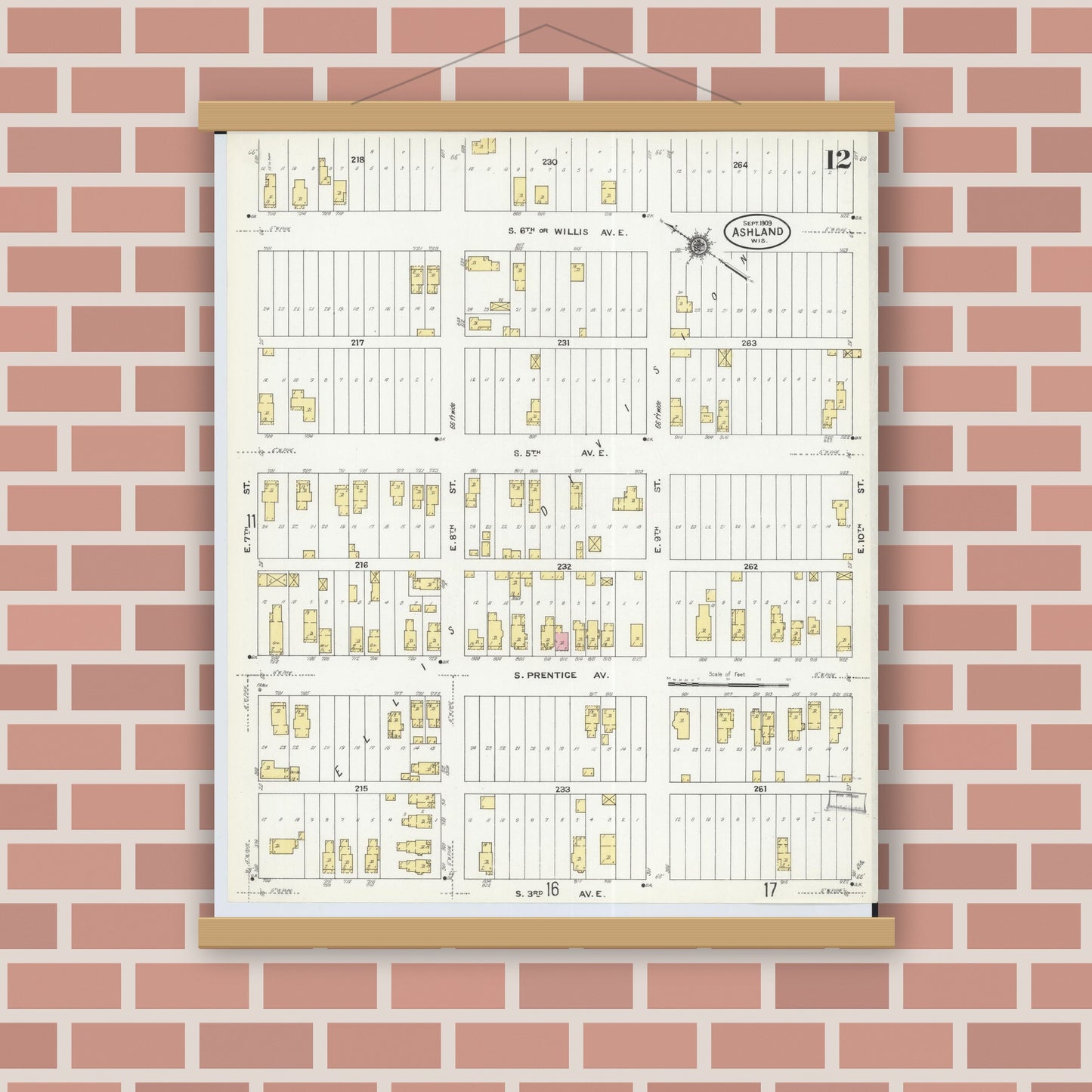 Old map wall art mockup — magnetic wood frame on brick wall — Sanborn Fire Insurance Map from Ashland, Ashland County, Wisconsin (1909), Sheet #0012