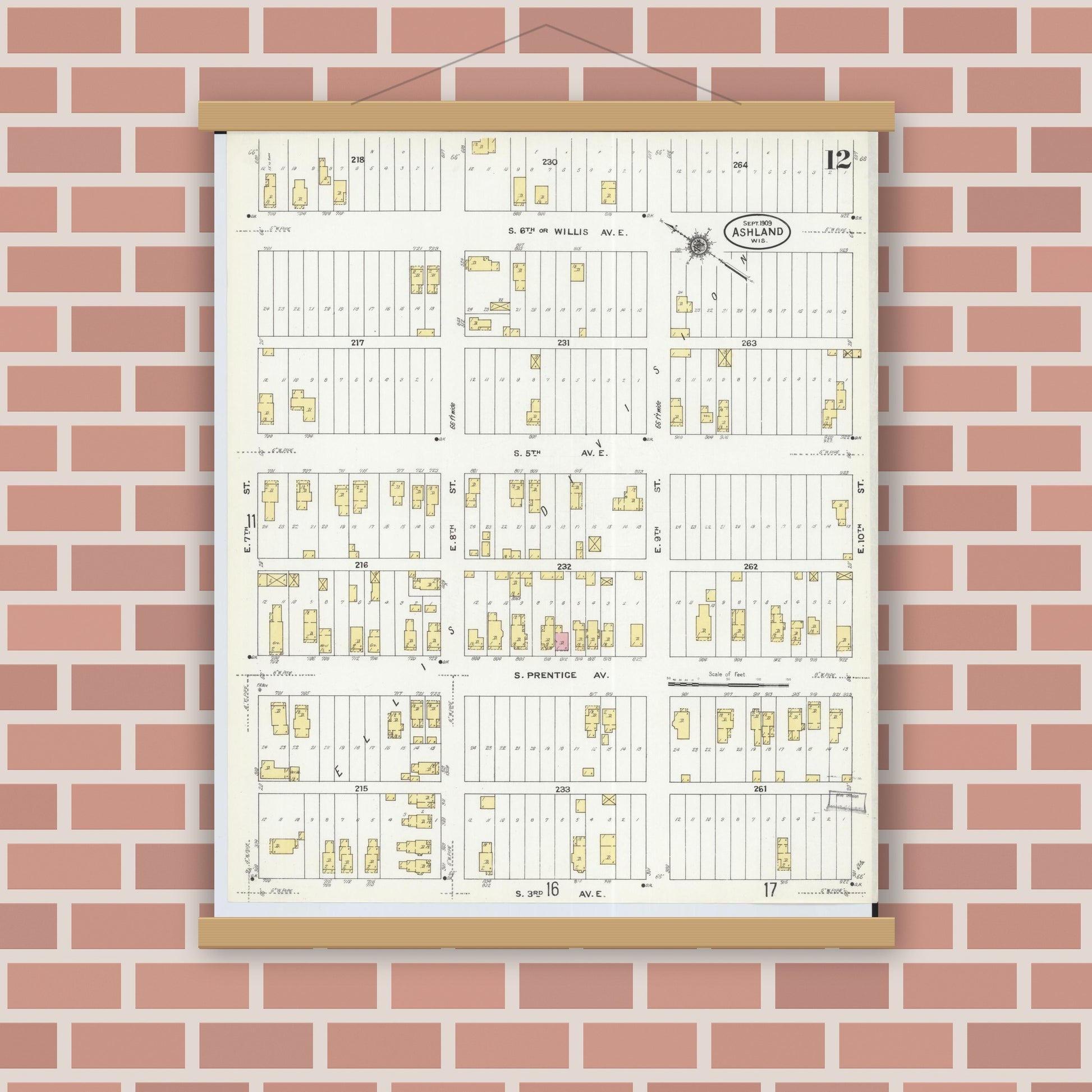 Old map wall art mockup — magnetic wood frame on brick wall — Sanborn Fire Insurance Map from Ashland, Ashland County, Wisconsin (1909), Sheet #0012
