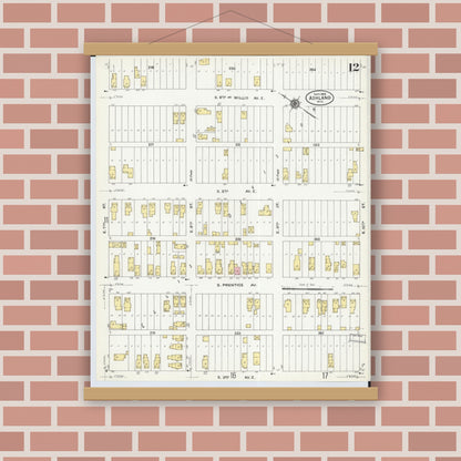 Old map wall art mockup — magnetic wood frame on brick wall — Sanborn Fire Insurance Map from Ashland, Ashland County, Wisconsin (1909), Sheet #0012