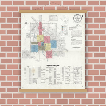 Old map wall art mockup — magnetic wood frame on brick wall — Sanborn Fire Insurance Map from Snyder, Scurry County, Texas (1936), Sheet #0001