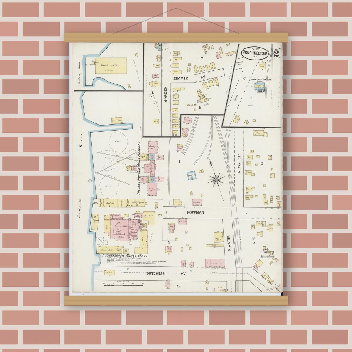 Old map wall art mockup — magnetic wood frame on brick wall — Sanborn Fire Insurance Map from Poughkeepsie, Dutchess County, New York (1887), Sheet #0002