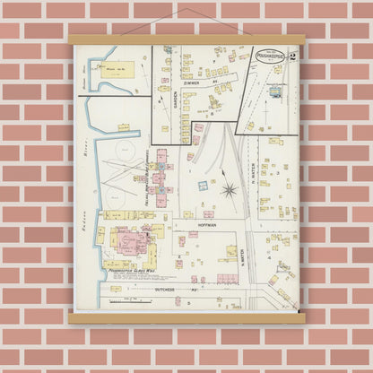 Old map wall art mockup — magnetic wood frame on brick wall — Sanborn Fire Insurance Map from Poughkeepsie, Dutchess County, New York (1887), Sheet #0002
