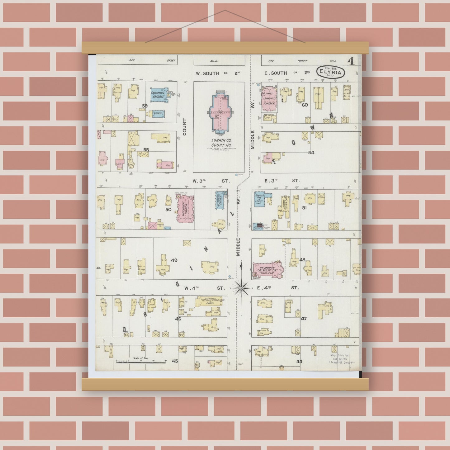 Old map wall art mockup — magnetic wood frame on brick wall — Sanborn Fire Insurance Map from Elyria, Lorain County, Ohio (1888), Sheet #0004