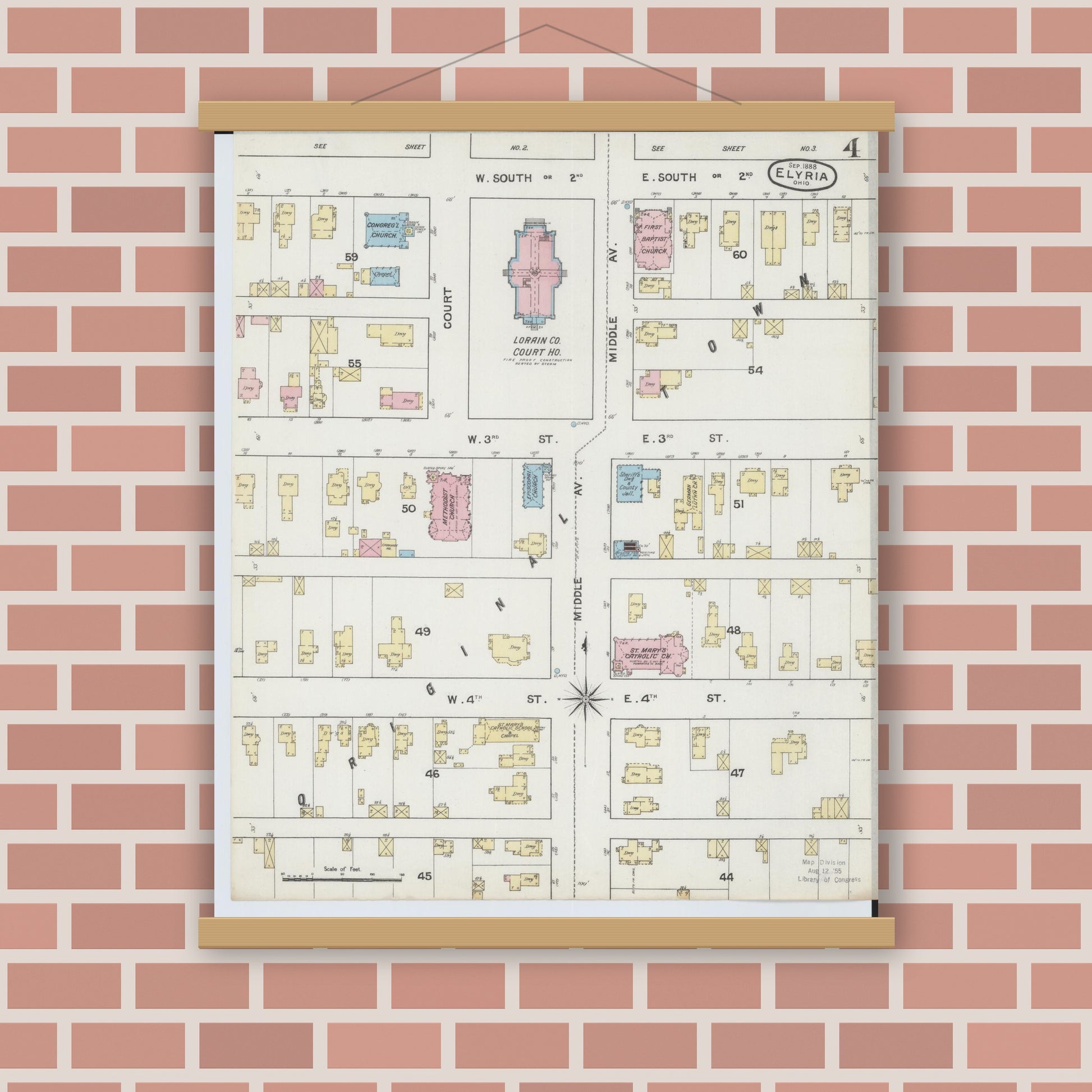 Old map wall art mockup — magnetic wood frame on brick wall — Sanborn Fire Insurance Map from Elyria, Lorain County, Ohio (1888), Sheet #0004