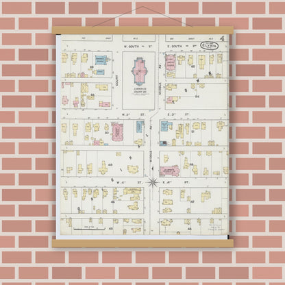 Old map wall art mockup — magnetic wood frame on brick wall — Sanborn Fire Insurance Map from Elyria, Lorain County, Ohio (1888), Sheet #0004