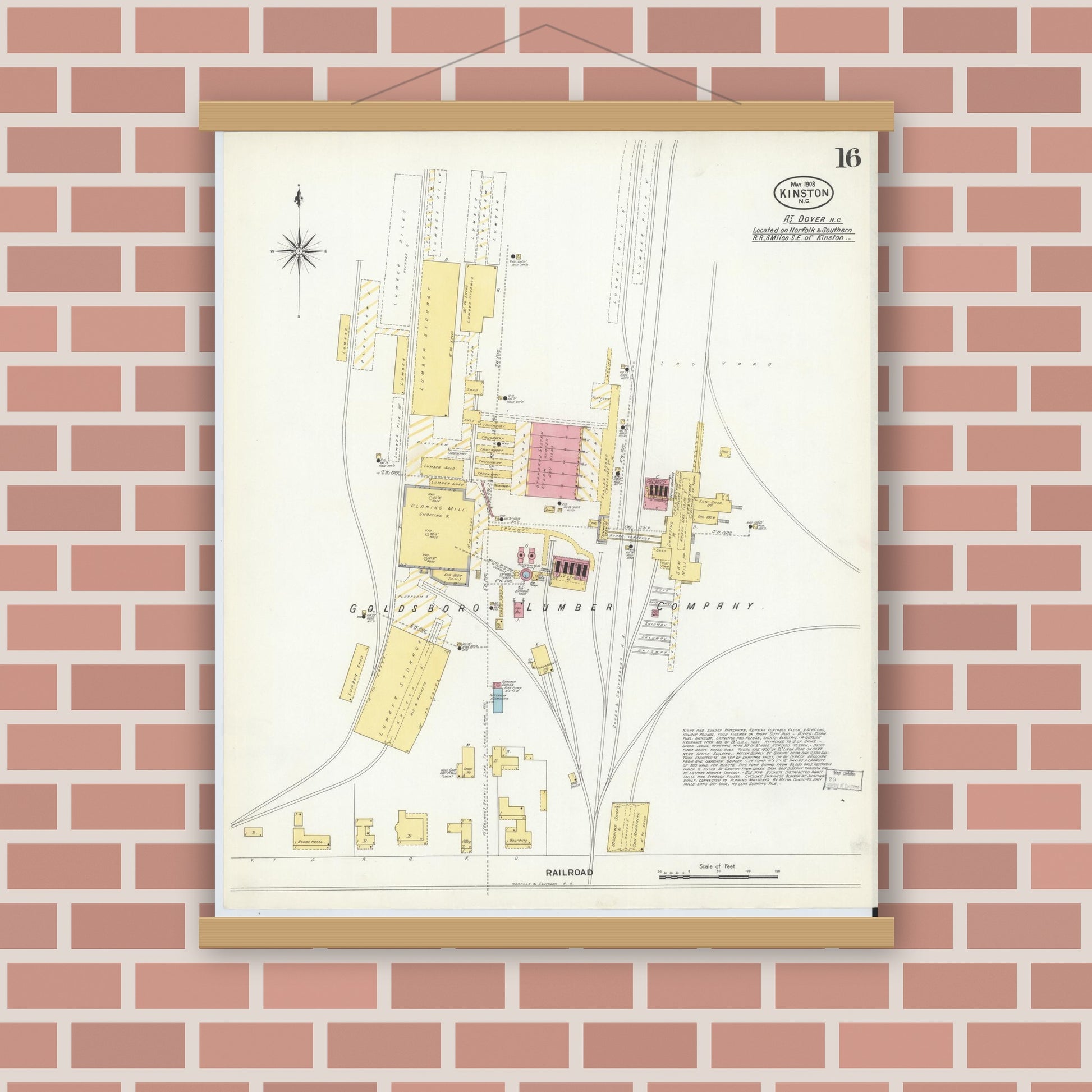 Old map wall art mockup — magnetic wood frame on brick wall — Sanborn Fire Insurance Map from Kinston, Lenoir County, North Carolina (1908), Sheet #0016